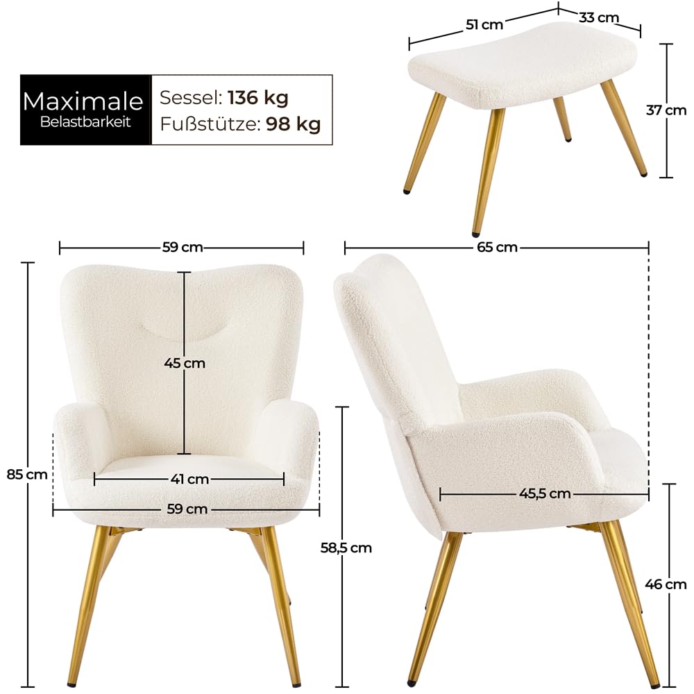 Yaheetech Sessel Ohrensessel mit Hocker aus Boucle-Gewebe, Relaxsessel mit Fußstütze, Loungesessel mit Klappbarer Rückenlehne, Fernsehsessel für Wohnzimmer/Schlafzimmer Elfenbein