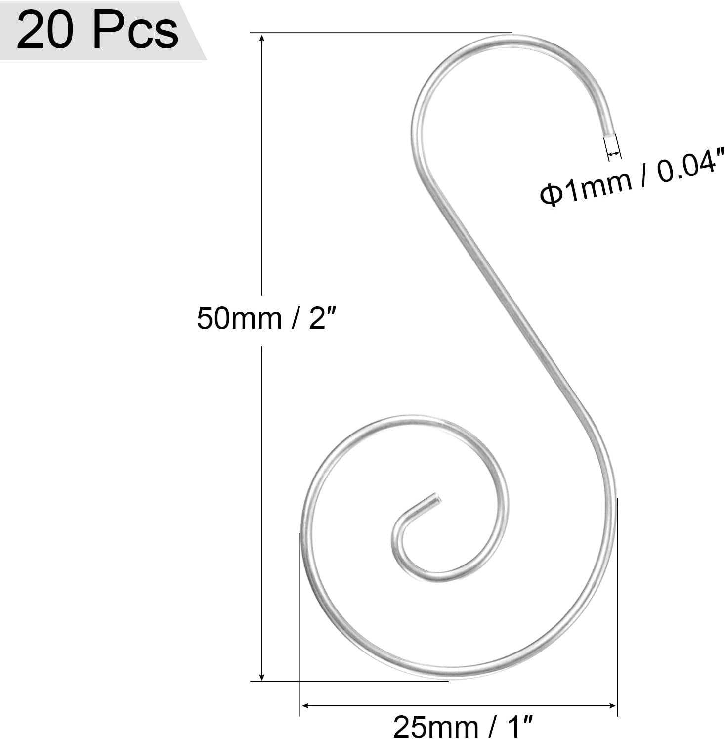 MECCANIXITY Christmas Ornament Hooks S Shaped Hangers 1 x 2 Inch for Hanging Lanterns Lights (Silver Finish, Pack of 20)
