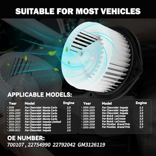 Image of 700107 AC Heater Blower Motor Fan Fit for Chevy Impala Limited 2014-2016, Monte Carlo 2004-2007, Impala 04-13, for Buick Lacrosse 05-09, for Pontiac Grand Prix 04-08, 22754990 GM3126119