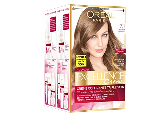 L'Oréal Paris - Excellence Crème - Coloration Permanente Triple Soin 100% Couverture Cheveux Blancs - Nuance 7,1 Blond Cendré - Lot de 2
