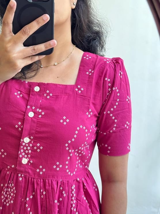 Image of Women Printed Anarkali Kurta Dress | Ethnic Cotton Blend Midi Dress for Women | Casual Festive Flared Kurti with Half Sleeves Pink