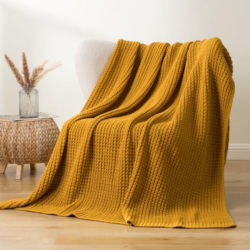 Bunnikins & Clover Knitted Waffle Throw Blanket 60x80 Inches, Mustard Yellow Throw Blanket for Couch, Soft Cozy Chenille Knit Blanket Warm Decorative Throw for Sofa by Bunnikins & Clover - Used condition - Image 2
