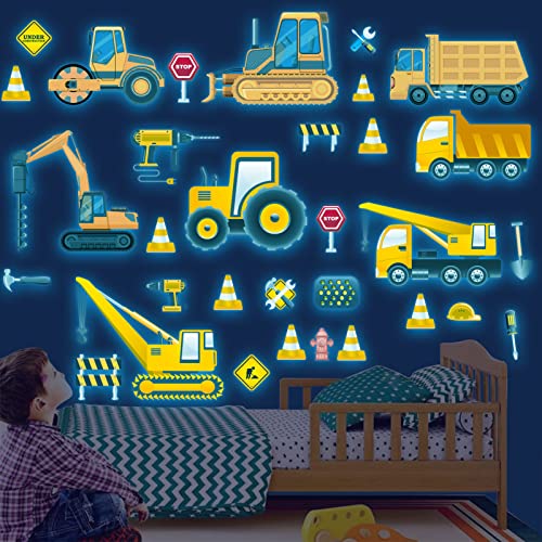 Glow In The Dark Construction Wall Decals,Luminous Construction Wall Stickers Decals Glowing Self-Adhesive Truck Car Excavator Stickers For Ceiling Decor Kids Baby Room Wall Stickers Decor Boys Gifts #TOP10