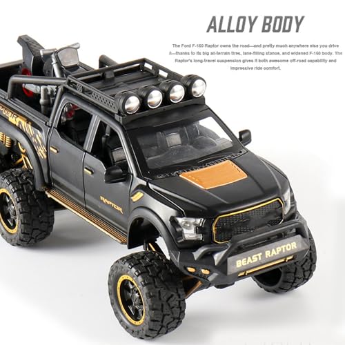 Image of Alokik Enterprise 1:24 Ford Raptor F150 Die-cast Metal Pull Back of Road Car with 4 Openable Doors with Lights and Sound Toy Decoration, Showpiece Car Best Gift Toys for Kids (Black)
