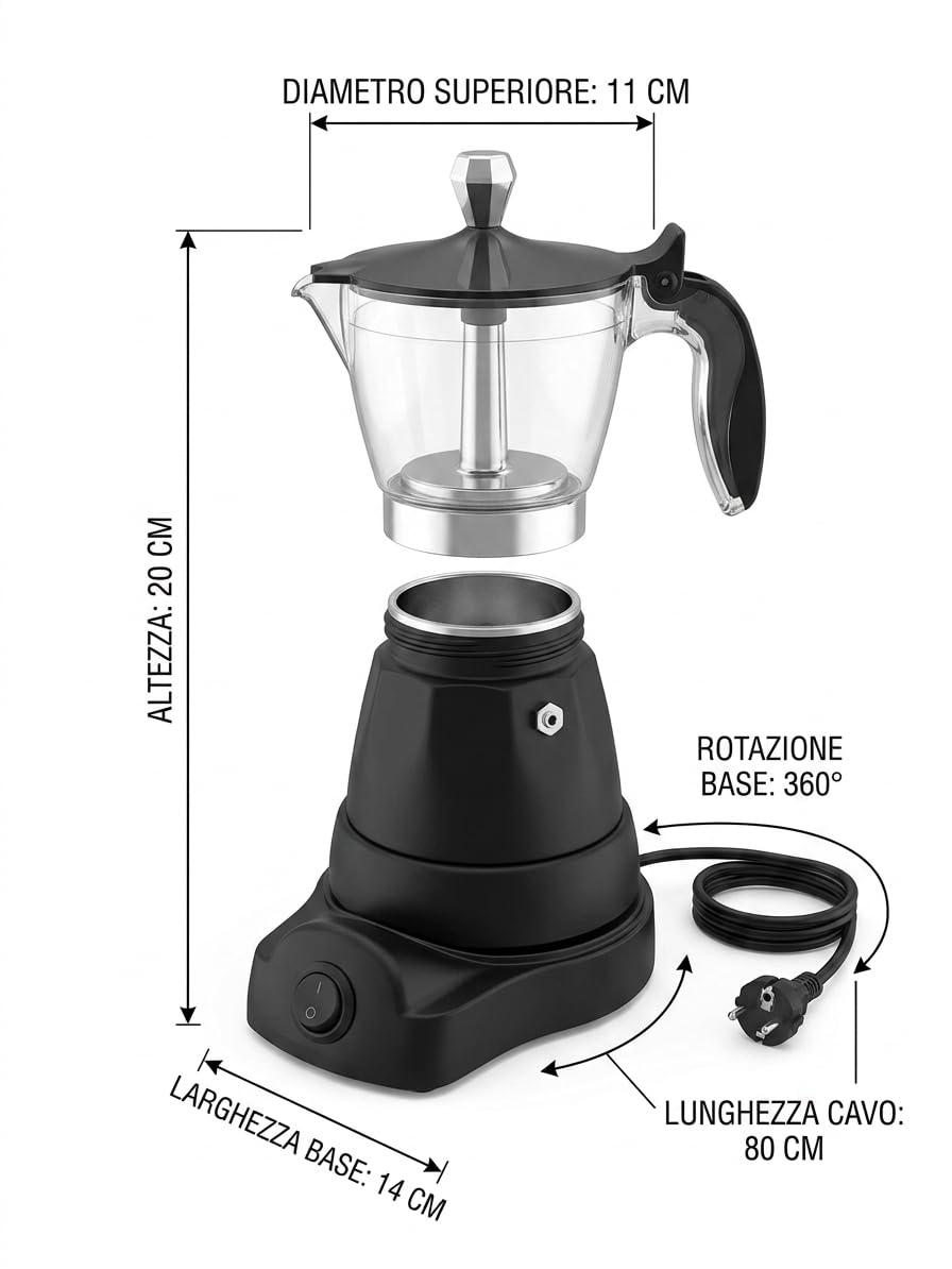 MAKA Moka Elettrica 1-3 Tazze Caffettiera con 1 Filtro per 1 Tazzina Pronto in 4 Minuti Mantiene il Caffè Caldo per 30 Minuti 400W Autospegnimento Alluminio Nero Grigio Argento Antischizzi (Nero)