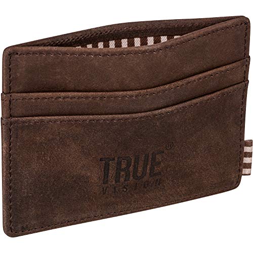TRUE VISION Leather Card Holder Wallet - RFID Blocking Minimalist & Slim Wallets for Men & Women - Features 4X Slot for Debit, Credit, ID, or Travel Cards - (100% Nubuck Leather, Brown)
