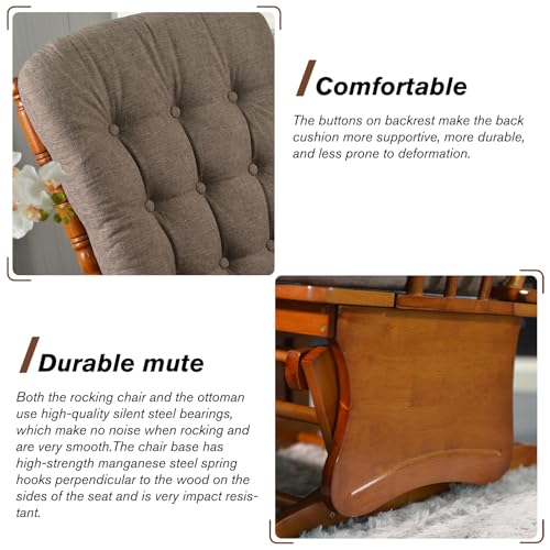 Image of Glider Rocker Nursery Chair with Ottoman Smooth Rocking Action Rustic Nursery Glider Rocker with Upholstery, Smooth Rocking Indoor Living Room Nursing Naptime Reading (Yellowish Brown)