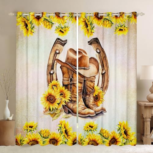 Castle Fairy Cowboy Hat and Boot Window Curtains,Retro Sunflowers Curtain,Horseshoe Print Window Drapes for Kids Teens Boys Young Man,Modern Bedroom Decorative,Country Style Curtain,42Wx63L
