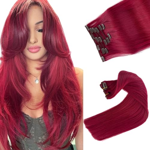 Image of Clip in Hair Extensions Real Human Hair, Burgundy Hair Extension Real Human Hair Clip ins 16 Inch Double Weft Hair Extensions Human Hair Clip in Extensions 7pcs 70G Clip in Hair Extensions for Women