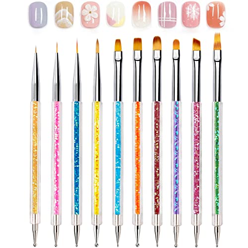 10Pcs Double Ended Professional Nail Art Brushes Set, Builder Gel Brush, Nail Polish Nail Art Design Pen Painting Tools, Nail Art Liner Brush, And Nail Dotting Tools, For Acrylic Nail Home Salon Diy (Colorful) #TOP5