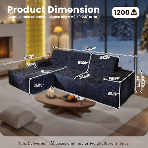 Image of 114 inch Glitter Cloud Sectional Couch with L-Shape Chaise, Modern Boneless Couches for Living Room, Fluffy Tufted Deep Seat Modular Sofa in a Box No Assembly
