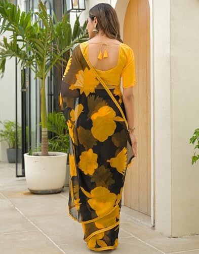 Image of SIRIL Women's Chiffon Printed Saree with Unstitched Blouse Piece
