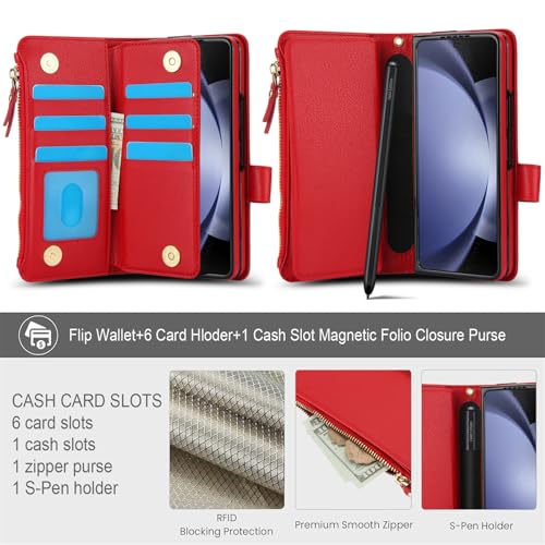 Dteck for Samsung Galaxy Z Fold 7 (2025 Release) Flip Wallet Phone Case with Wrist Strap Lanyard, Built-in S Pen Holder/Hand Strap/Kickstand/Card Slots/Zipper Pocket, PU Leather Protective Cover, Red by Dteck - Image 4