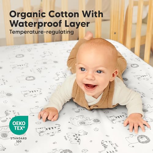 Image of 2-Pack Waterproof Crib Sheets for Boys, Girls, 52x28 Fitted (KeaSafari) | Organic Cotton Baby Crib Sheets, Toddler Mattress Protector Cover, Washable, Soft & Durable Baby Bedding Essentials