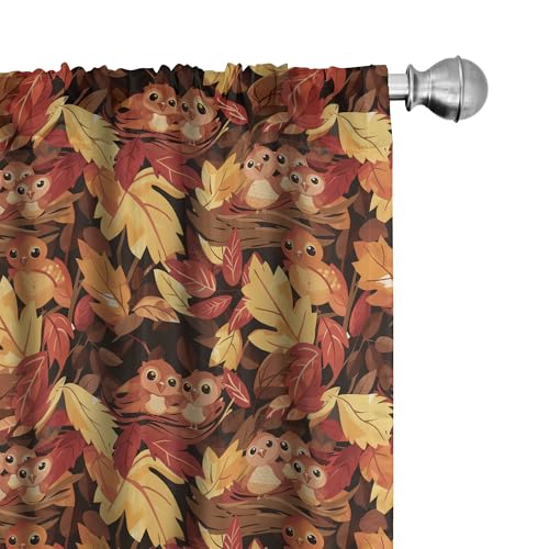 Ambesonne Fall Curtains, Happy Autumnal Colors with Birds in Nests Cartoon Illustration Print, Window Treatments 2 Panel Set for Living Room Bedroom, Pair of - 28" x 63", Cinnamon Amber and Orange