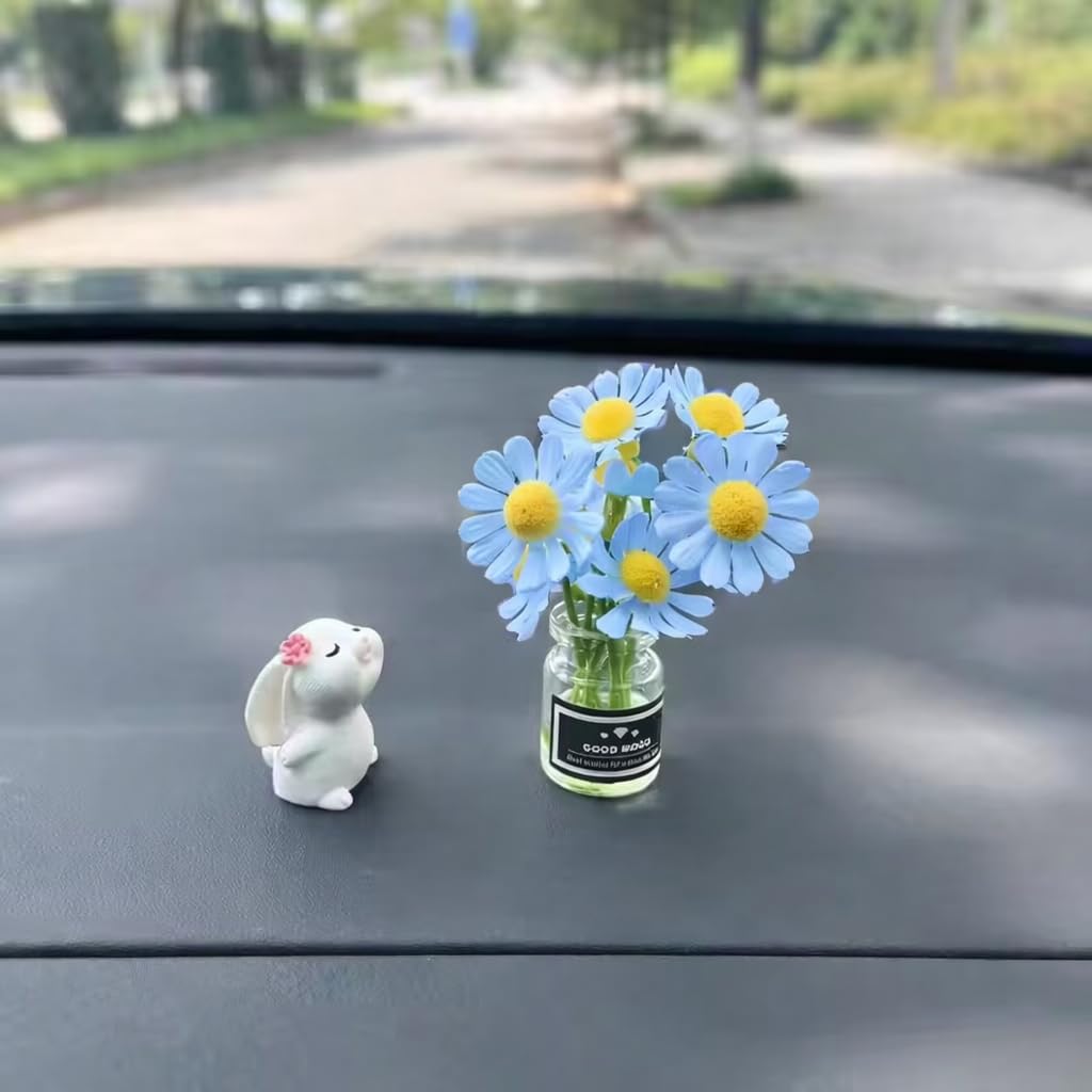 2 Pc Car Dashboard Decoration Set | Cute Rabbit & Mini Flower Vase | Car Decor Interior Accessories for Dashboard | Gift for Men & Women | Valentine Gift for Him or Her (Blue Flower)