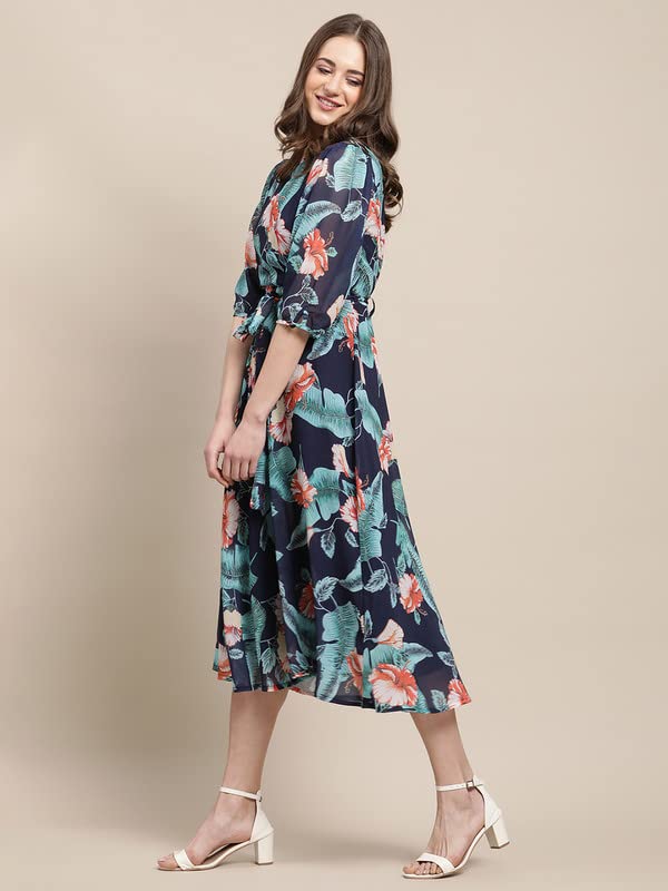 Preneum Women's Maxi Fit & Flare Latest Style Print Georgette Regular Sleeves Casual Summer Maxi Dress || Festival & Occasion, Navy Blue, Xl
