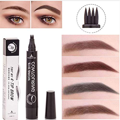 Plovex Waterproof Microblading Eyebrow Tattoo Pen 4 Head Fine Sketch Enhancer Fork Tip Eyebrow Tattoo Tint Eyebrow Gel Pencil Makeup (03 Brown)