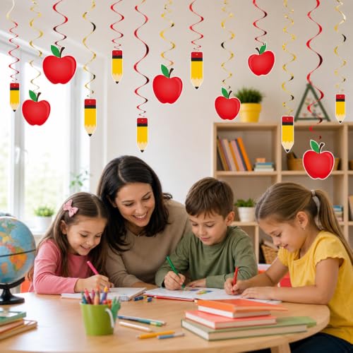 Image of Back to School Hanging Swirls Decorations, 60PCS First Day of School Apple Pencil Swirls Hanging Ornaments for Preschool Elementary Classroom Ceiling Welcome Back to School Party Favors Supplies