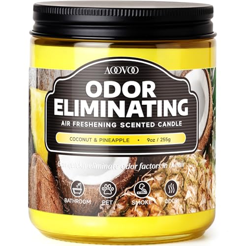 Image of AOOVOO Coconut Pineapple Odor Eliminating Highly Fragranced Candle - Eliminates 95% of Pet, Smoke, Food, and Other Smells Quickly, Air Freshing Soy Candle, 9 oz Up to 50 Hours Burn time