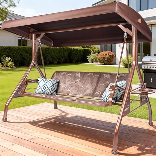 Image of ZZW 3 Person Patio Swing Outdoor Swing for Adults with Adjustable Canopy &Upgraded Cup Holders Textilene Fabric Porch Swing Chair with Stand Heavy Duty 800 LBS