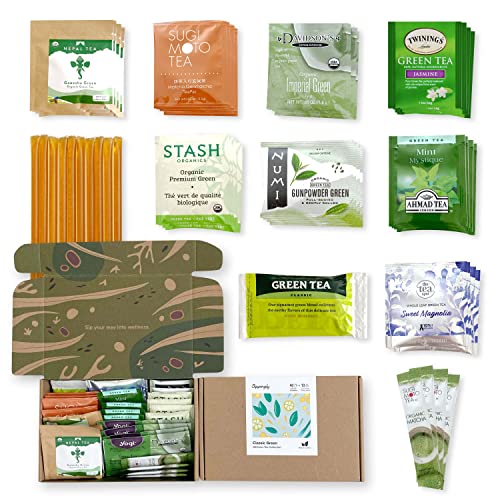 Classic Green World Tea Collection. 40 Green Tea Bags | Enjoy Green Teas From Nepal, India, Japan, China, And Brazil | 10 Brands 10 Flavors Plus 10 Honey Sticks | Best Father's Day Tea Sampler Gift #TOP4