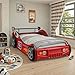 LKTART Twin Size Car Bed for Kids, Race Car-Shaped Wooden Platform Bed Frame with Headboard Wheels and Support Slats for Boys Toddlers Child's Bedroom (Red)