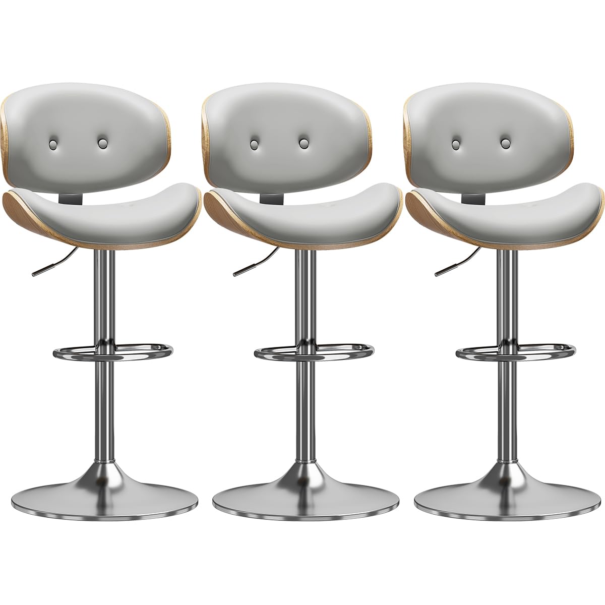 Adjustable Swivel Bar Stools Chair,Counter Height Bar Stools with Back,350 LBS PU Leather Bar Stool for Kitchen Island,Upholstered Pub Stools with Footrest (Grey, Set of 3)