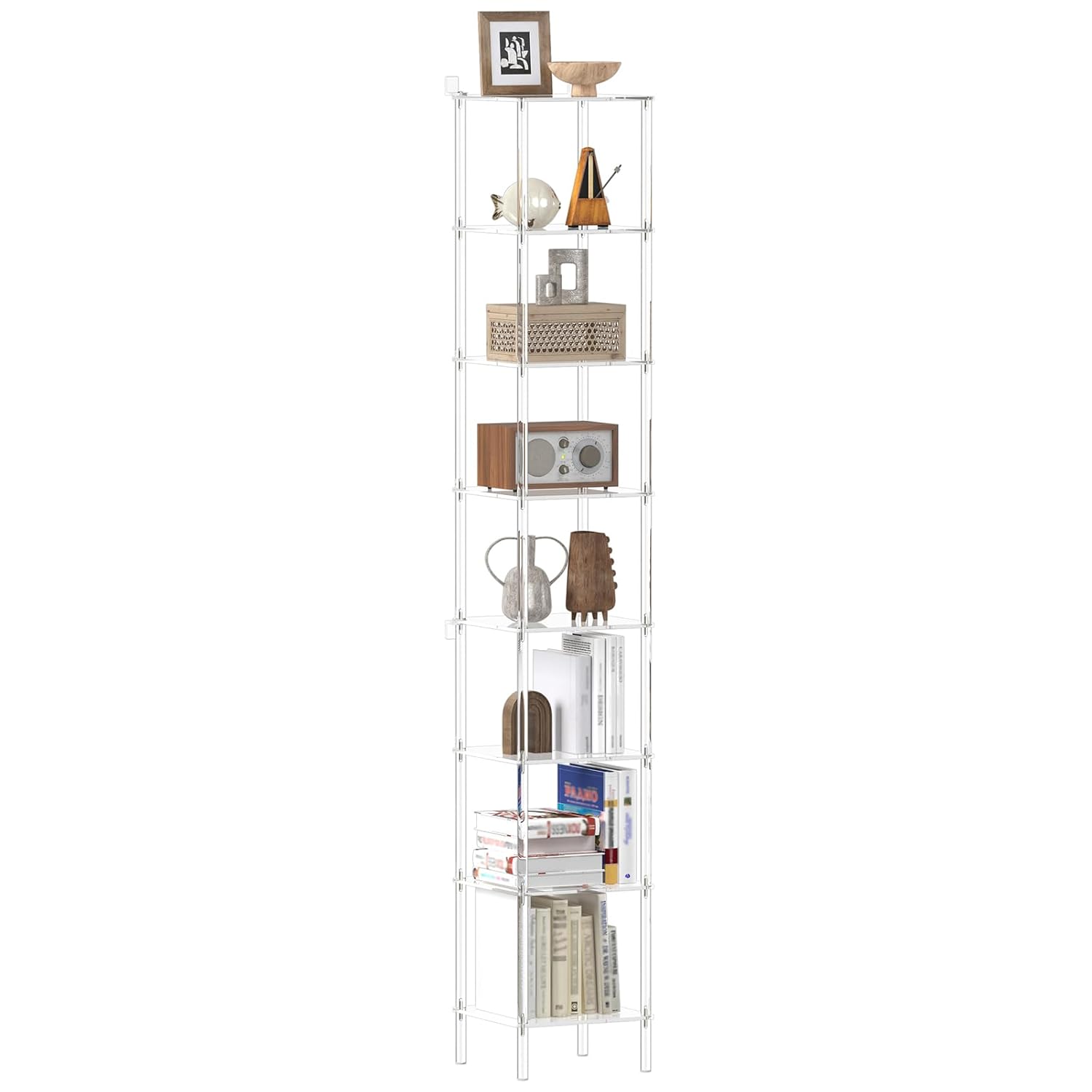 8-Tier Square Acrylic Bookshelf Clear Tall Narrow Bookcase for Small Space Corner Open Display Book Shelves for Home
