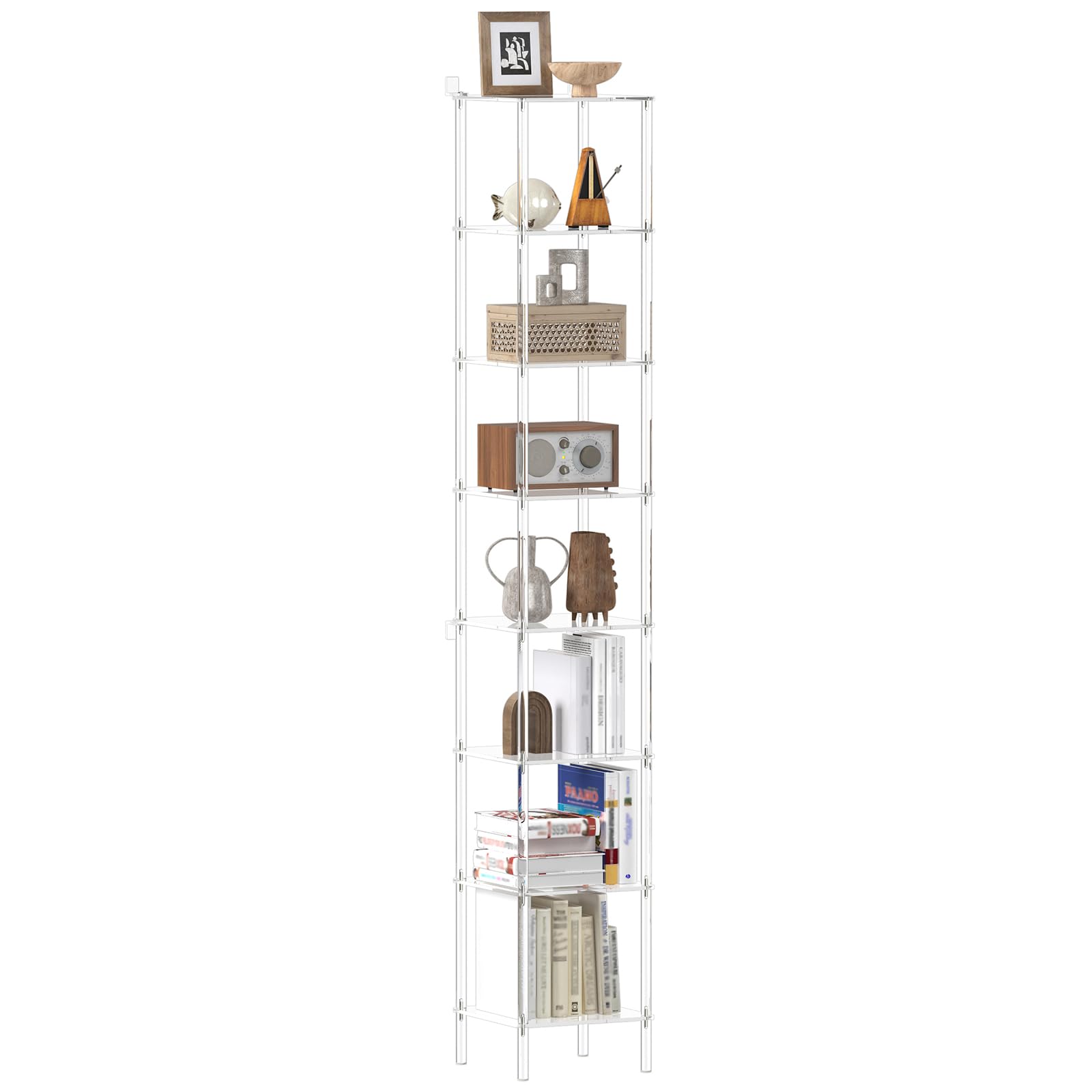 8-Tier Square Acrylic Bookshelf, Clear Tall Narrow Bookcase for Small Space