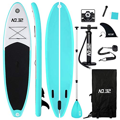 NO.32 Tabla Hinchable de Paddle Surf + Sup Paddle Remo de Ajustable | Bomba | Mochila | Aleta Central Desprendible | Kit de Reparación y Surf Leash(300 * 76 * 15cm Grosor, Carga hasta: 350kg)