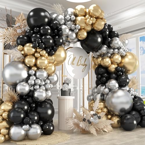 Image of 412Pcs Black Gold Silver Balloons Garland Arch Kit,18 12 10 5 Inch Different Size Latex Balloons for Graduation Birthday Wedding Party Decorations