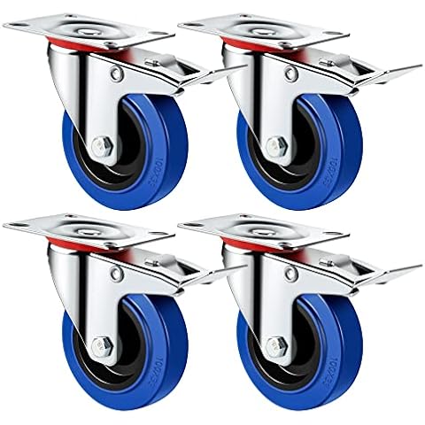Forever Speed Transportrollen Möbelrollen Industrie Schwerlastrollen Lenkrollen und Lenkrollen mit Bremse, 125mm Gummi Lenkrollen, 4 Stück, Tragfähigkeit 300KG,Verzinkt Silber/Blau Cover