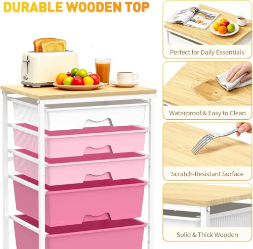 Image of SUNALLY Rolling Carts with 5 Drawers, Storage Drawer Carts for Craft, Pink