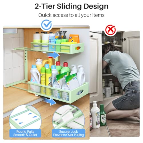Image of Under Sink Organizer, 2 Tier Pull Out Under Cabinet Organizer Shelf with Pad for Framed Cabinets, Metal Slide Out Under Sink Storage, Mesh Sliding Drawers for Kitchen Bathroom Laundry(Green, 1 Pack)