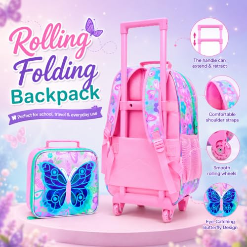 Image of CCJPX 3Pcs Butterfly Rolling Backpack for Girls, 18 inch Kids Wheeled Bookbag with Lunch Box, Lightweight Roller School Bag for Elementary Preschool (Pink)