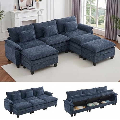 Image of IPKIG 117 inch Modular Cloud Couch with Storage, C Shaped Sectional Sofa | 3 Seater Blue Chenille Deep Seat Sectional Couches with Ottoman and Pillow for Living Room, Apartment