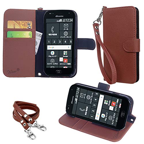 wisers らくらくスマートフォン F-42A / me F-01L 対応 手帳型スマホケース (ダークブラウン) 着脱しやすい (カードホルダー/スタンド機能付き) ストラップ 2種付き (ハンドストラップ/ネックストラップ)