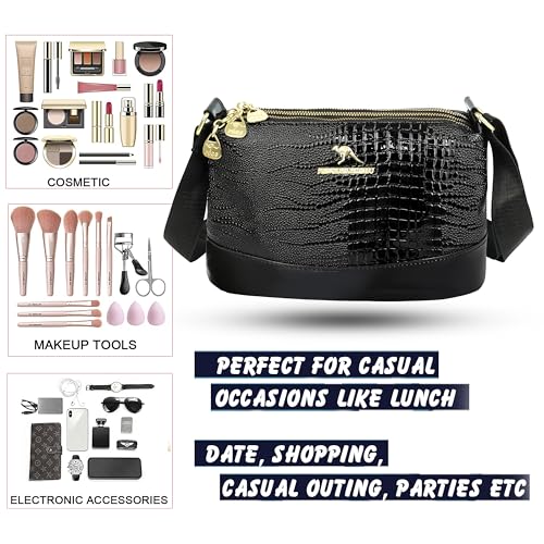 Image of Storite Small PU Leather Women Tote Bag, Glossy Texture Fashionable & Party Sling Bag, Pillow Shoulder Crossbody Bag with Adjustable Strap-Black (25x15x9 cm)