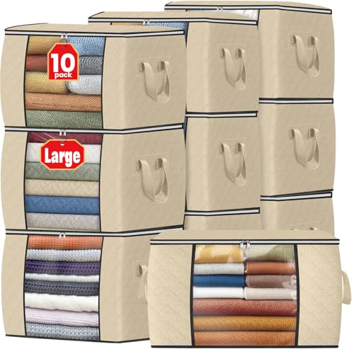 Image of Fab totes 24 Gallons Clothes Storage, Foldable Thick Fabric Blanket Storage Bags, Containers for Organizing Bedroom, Closet, Clothing, Comforter, Organization with Handle (10 Pack,Beige)