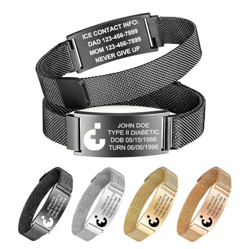 Solarix Pulsera de Alerta Médica Personalizada, Logo Texto y Diseño a Medida, Acero Inoxidable con Cierre Magnético, Para Ancianos y Pacientes (Estilo 1)