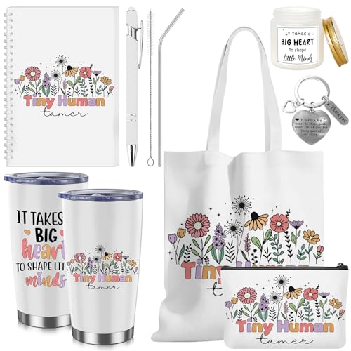Gaiaring Daycare Teacher Appreciation Gifts Set 7 Pcs Tiny Humans Tamer Gifts Includes 20oz Tumbler Canvas Bag Cosmetic Bag Notebook Pen Scented Oil and Keychain for Daycare Teachers