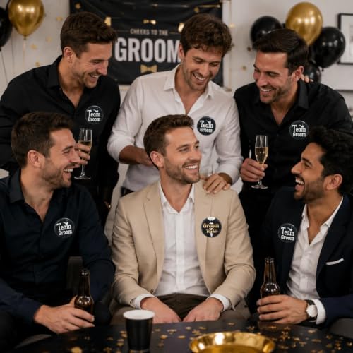 Image of Wanna Party Team Groom Badge Set of 6 | 5 Team Groom Badges + 1 Groom To Be Badge | Bachelor Party Accessories, Wedding Badges, Groom Squad Props for Engagement, Baraat, Sangeet & Photoshoot