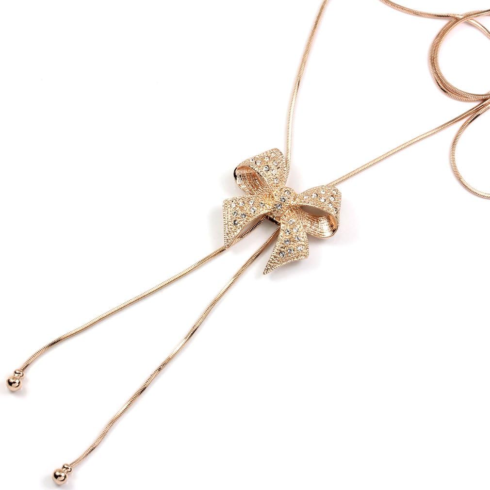 FC JORY Rose Gold Plated CZ Bow Knot Women Y Sweater Adjustable Rope with Slider Stopper Lariat Necklace