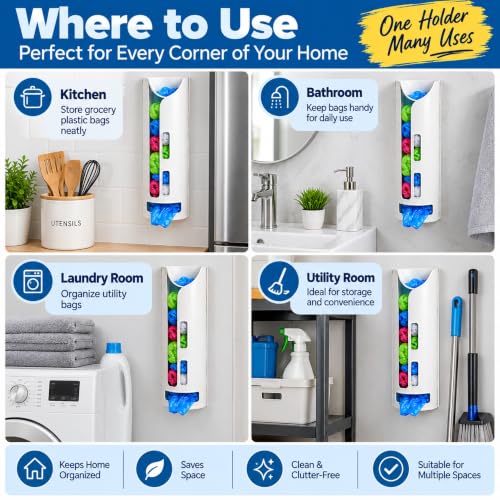 Image of Wall-Mount Plastic Bag Dispenser - Kitchen /Utility Holder, Easy-Pull