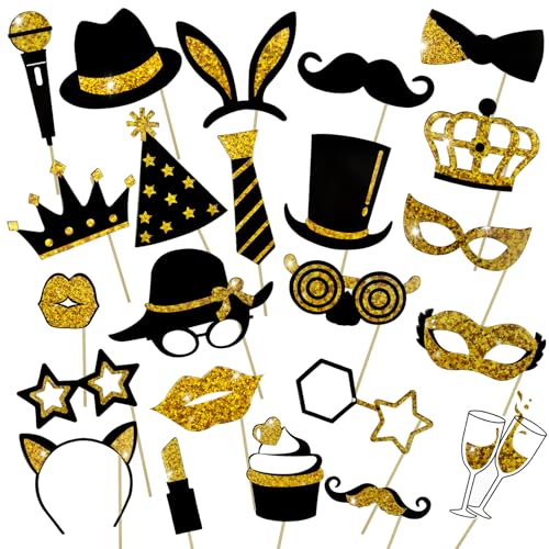 24 Piezas Accesorios para Cumpleaños Fiesta,Foto Props,DIY Accesorios Cumpleaños, Mixtos de Pintalabios, Corbata,Sombrero Partido,Bodas,Halloween Suministros (Dorado)
