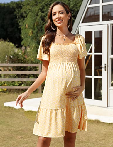 Kojooin Women's Maternity Square Neck Short Sleeve Summer Dress Smocked Boho Ruffle Casual Midi Dress Baby Shower Photoshoot Yellow Floral S #TOP4