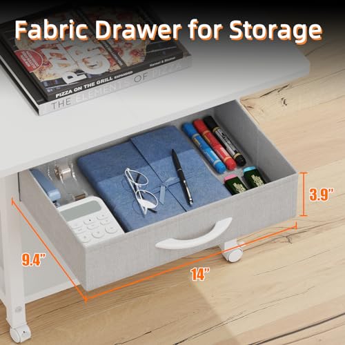 Image of YAOHUOO 22 inchx15 inch Large Printer Stand with Drawer, 2-Tier Rolling Table Cart | Under Desk Printer Table,Storage Fabric Drawer,Fit printer /fax /3d /scanner,4 Lock Wheels or Feet,For Home Office Dorms,White