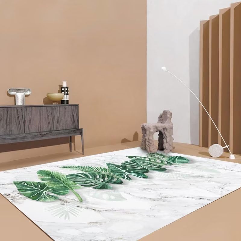 Tapis de salon marbre et feuilles vertes pour une décoration premium