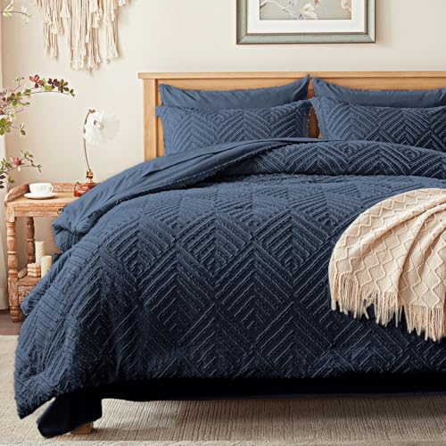Image of Zzlpp Queen Comforter Set 7 Pieces, Navy Blue Tufted Bed in a Bag with Comforter and Sheets,All Season Boho Bedding Sets with Comforter, 2 Pillow Shams, 2 Pillowcases, 1 Flat Sheet, 1 Fitted Sheet